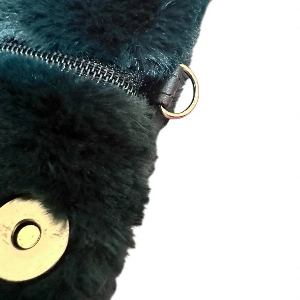 Faux Fur Purse Wristlet Deep Forest Green with Crossbody potential. EUC